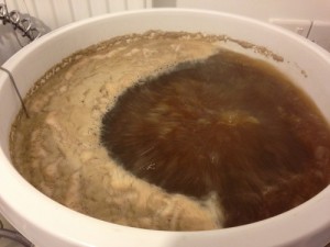 The hot break occurring where the proteins are reabsorbed into the wort